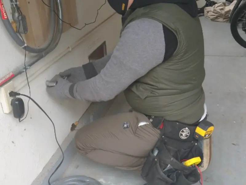 Electrician performing outlet wiring in a West Liberty garage